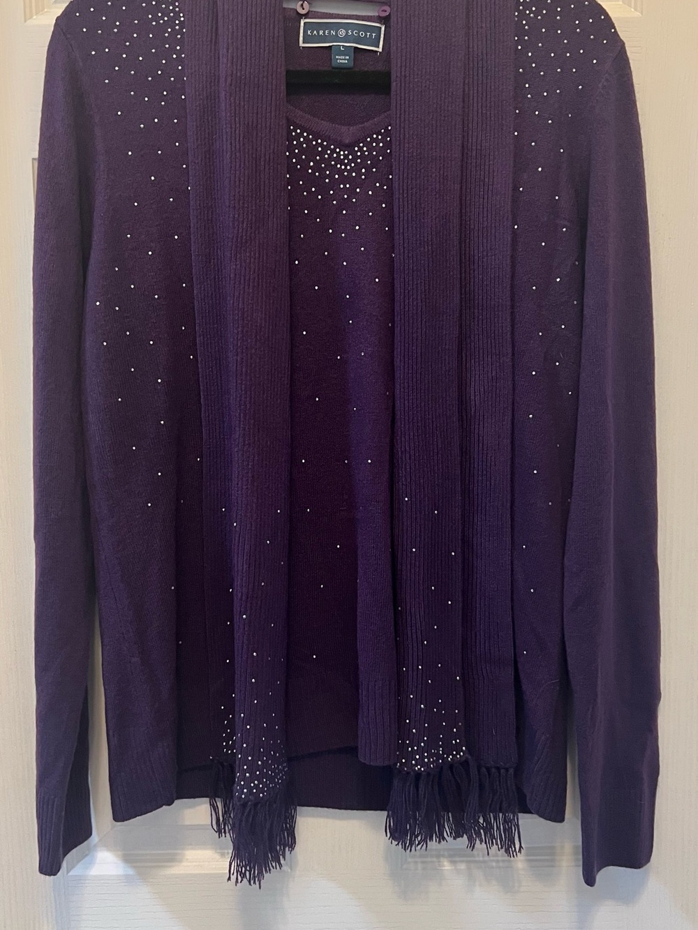 Karen Scott Dark Purple Crystal-Embellished Sweater with Matching Fringe Scarf